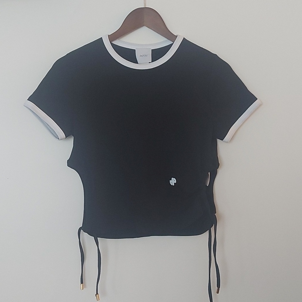 Patou Ribbed-Knit Cut-out T-Shirt Cinched Side With Drawstrings Ringer Size Med - Picture 4 of 9